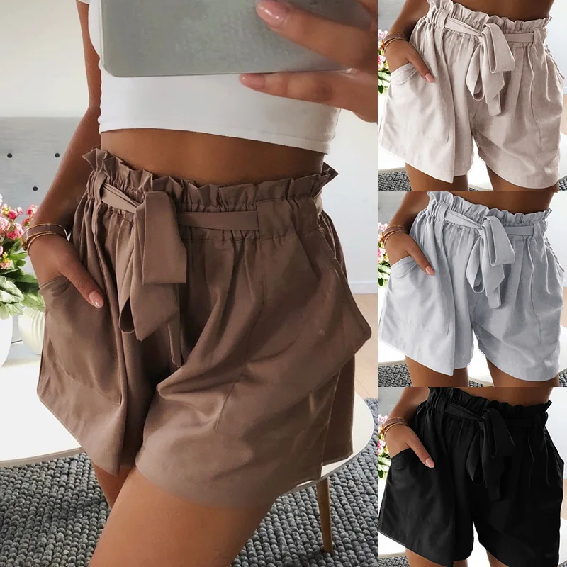 Summer New Women's Casual Belt Pocket Loose Lace Up Pleated Wide Leg Shorts