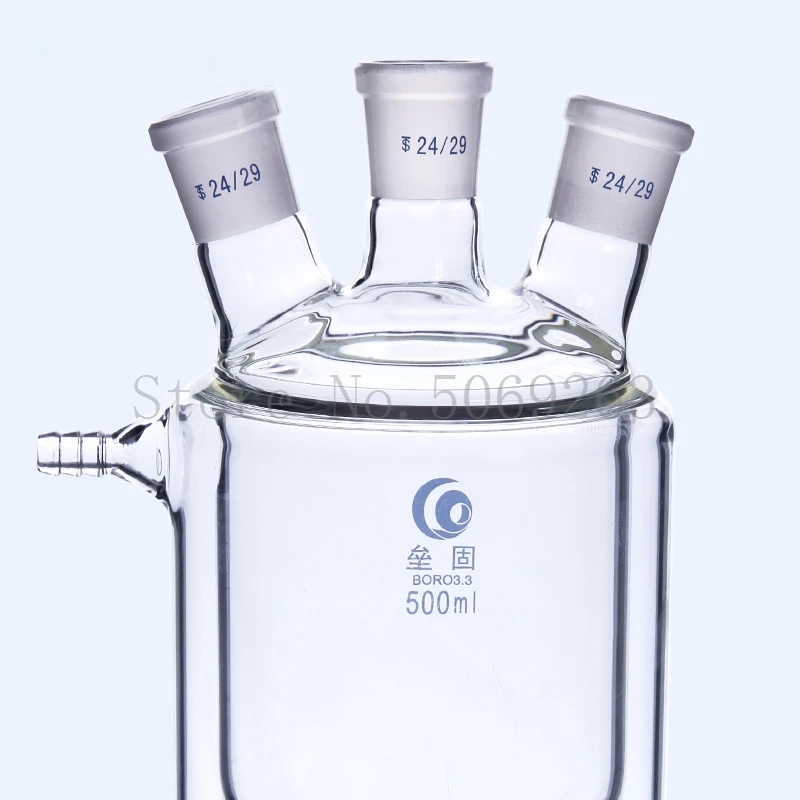 Flat Bottom Three Mouth Glass Jacketed Reaction Bottle Laboratory Double-layer Reaction Flask