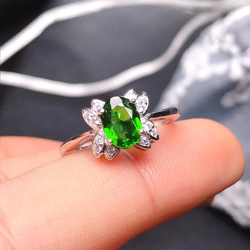 Elegant Silver Gemstone Ring 5Mm * 7 Mm Natural Chrome Diopside Ring for Woman Real 925 Silver Diopside Ring Anniversary Gift