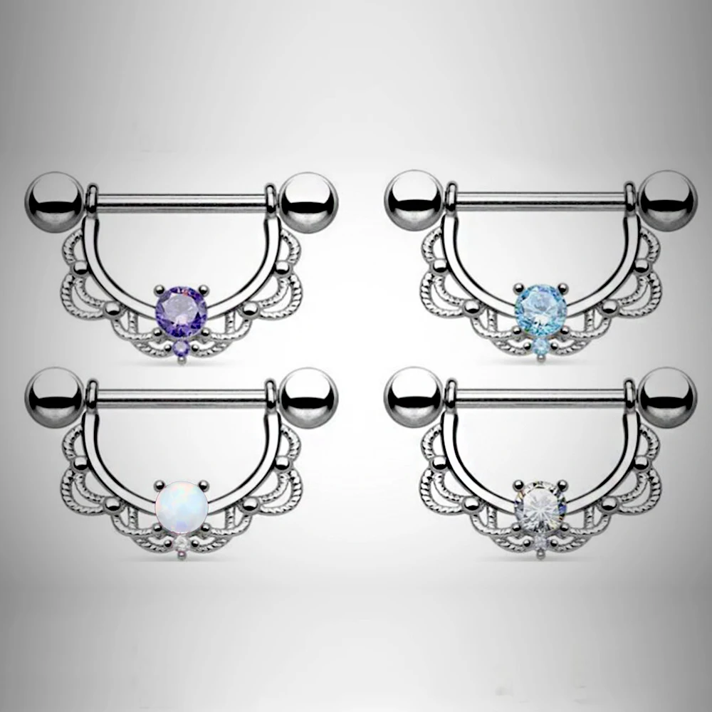 2pcs Titanium Nipple Piercing Heart Barbell 14G Opal Nipple Shield Flower Charming Nipple Rings For Women Body Piercing Jewelry