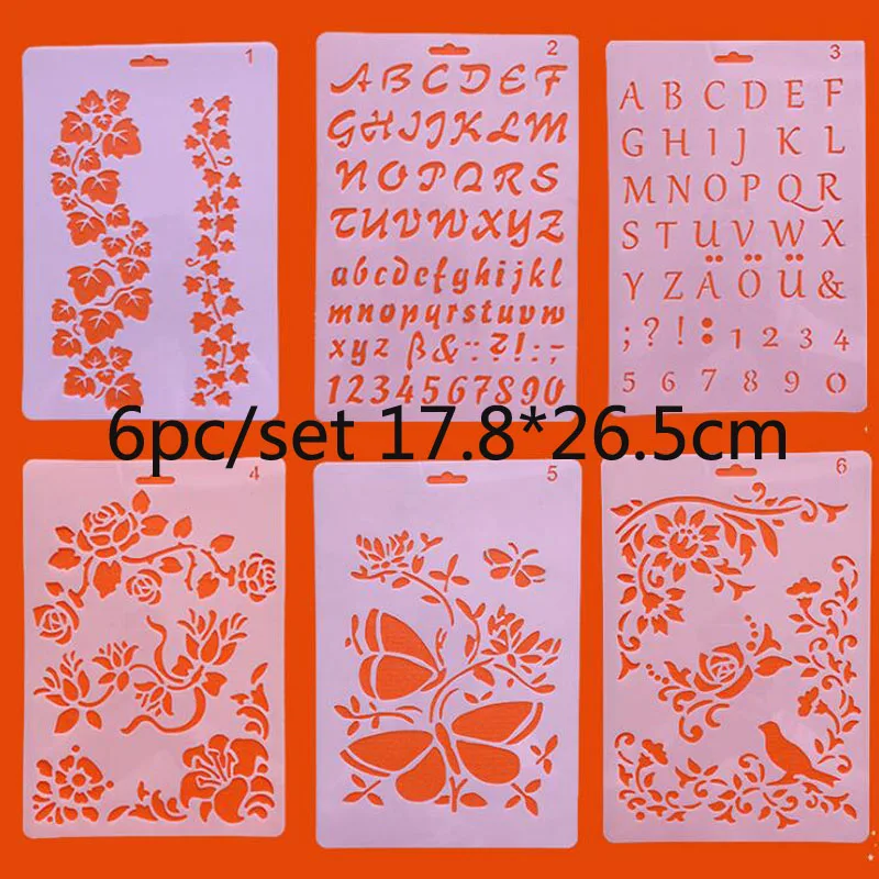 6pc Stencil Painting Templates Decor Openwork DIY Graphics Painting Scrapbooking Stamp Ornament Album Embossed Template Reusable