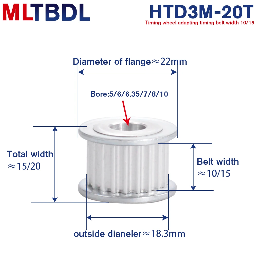 3M 20T Timing Pulley 5/6/6.35/7/8/10mm Bore Gear Pulley 3mm Pitch 11mm Belt Width Aluminum Alloy Synchronous Timing Belt Pulleys