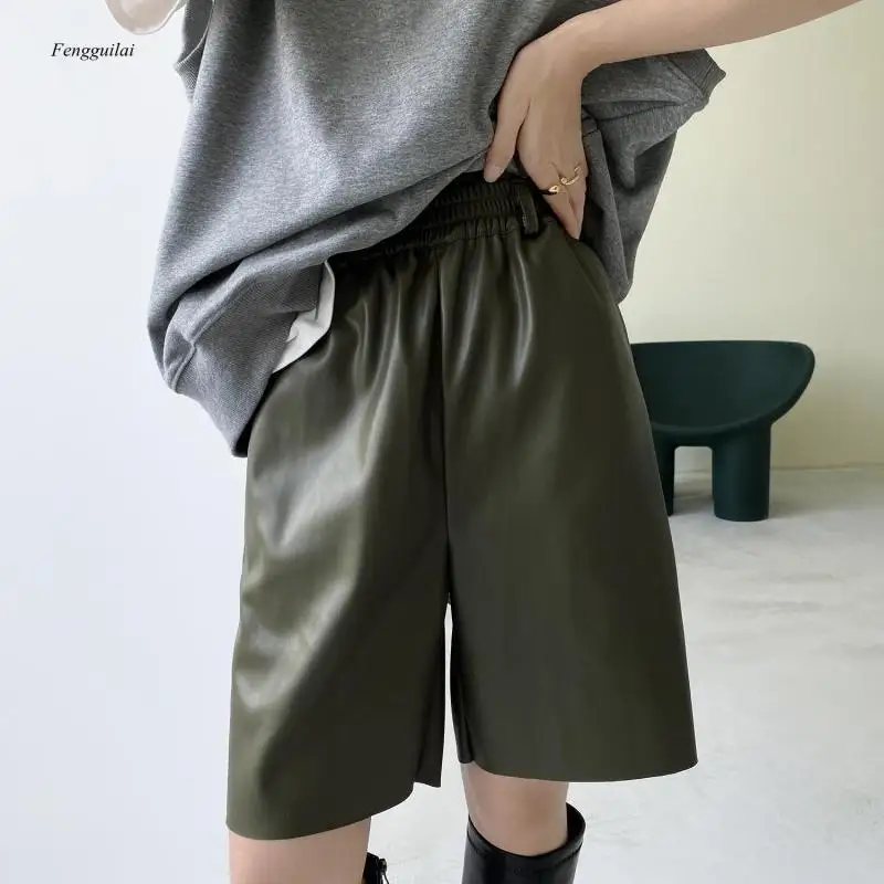 Autumn Pu Leather Women's Casual High Waist Slimming Cropped Trousers Korean Outerwear Loose Straight Shorts