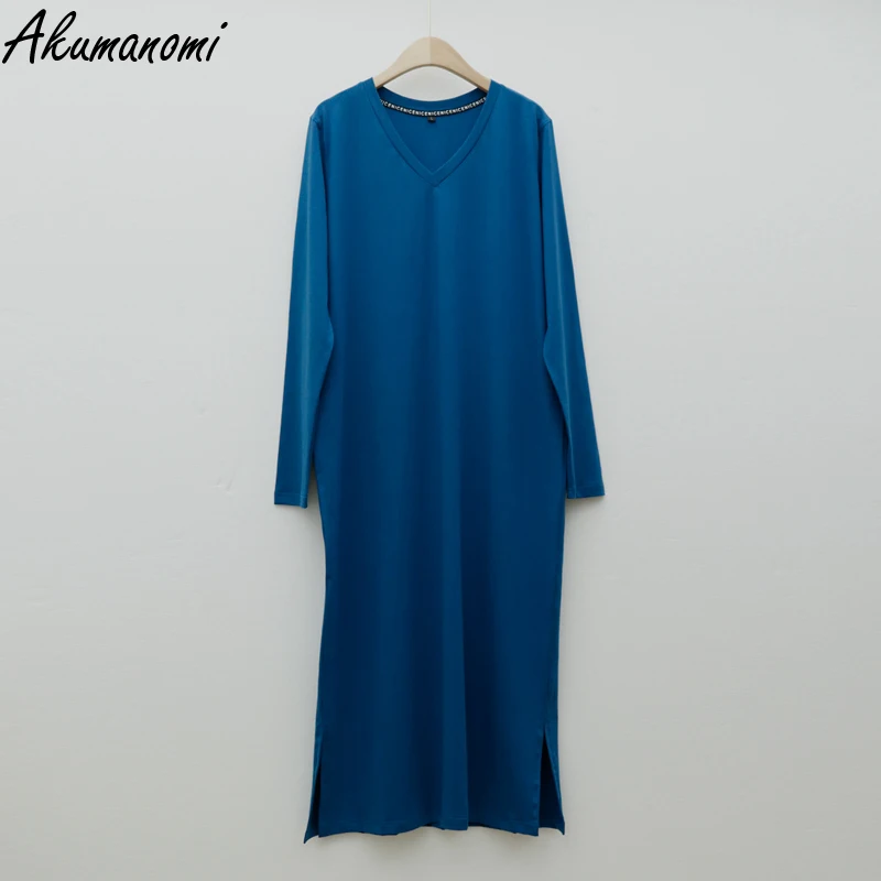 Vestido largo de punto de algodón para mujer, talla grande 6xl, 7xl, 8xl, 9xl, 10xl, informal, otoño, primavera, negro, cuello en V, manga larga