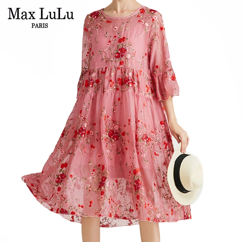 Max LuLu French Style Summer 2021 Women Floral Chiffon Lace Dress Ladies Loose Elegant Vestidos Female Oversized Pink Dresses