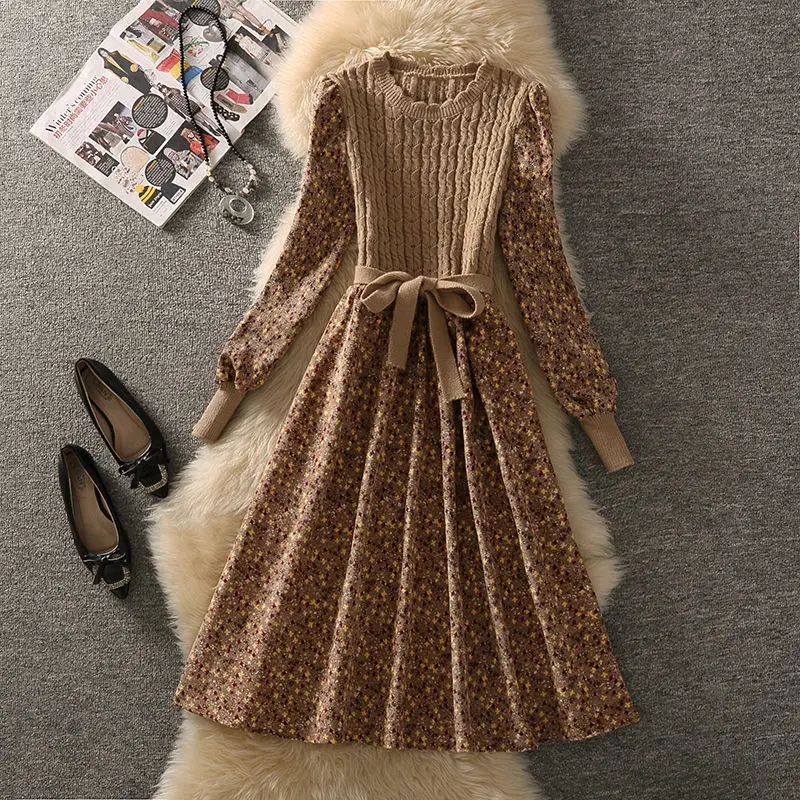 Women Autumn Patchwork Knitted Floral Print Dress Spring Casual O - Neck Long Sleeve A-line Corduroy Dresses Bandage Vestidos