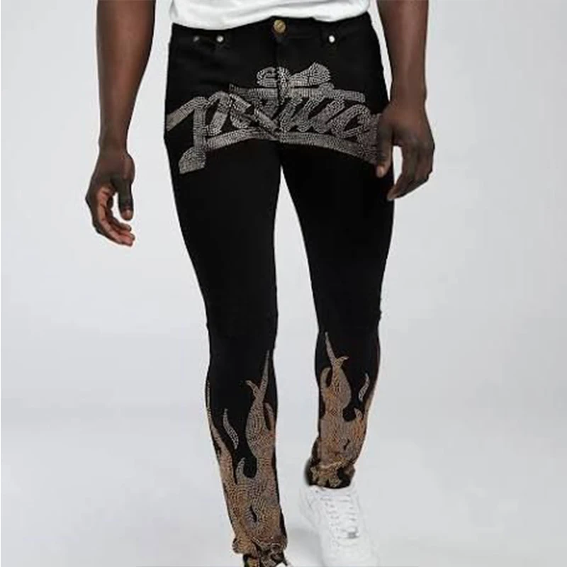 Men\'s Rhinestone Black Stretchy Jeans Skinny Slim Fit Hot Drill Letter Punk Streetwear Biker Trousers Man Denim Pencil Pants y2k