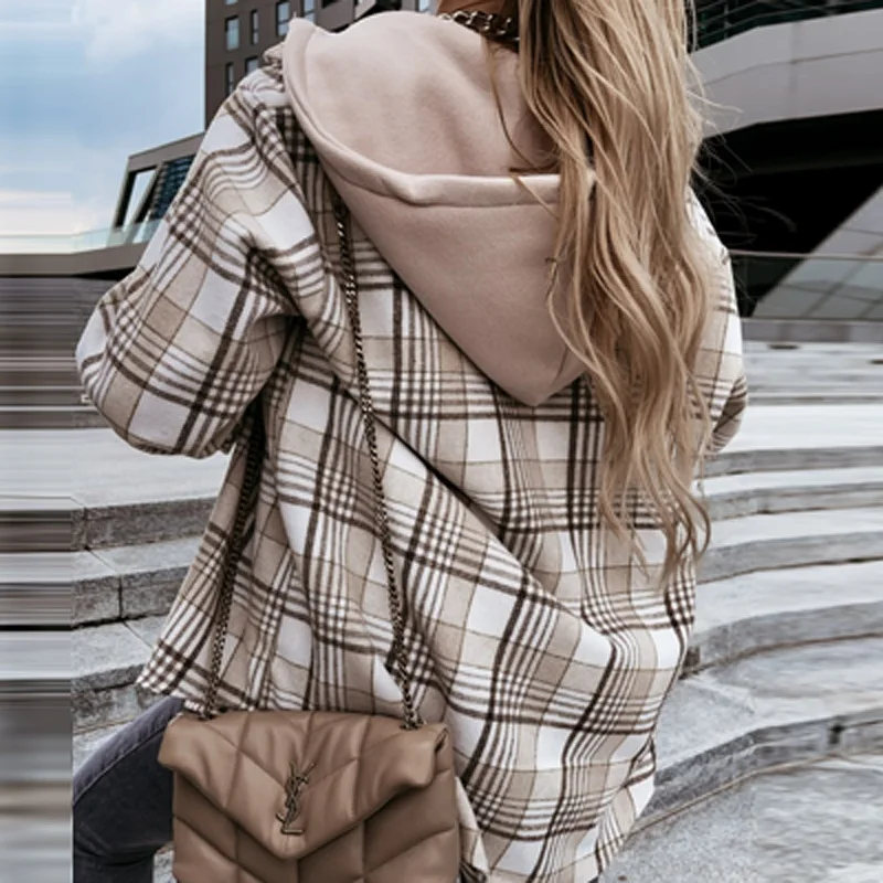 Chaqueta con capucha para Mujer, rebeca con estampado a cuadros Vintage, Tops con botones y una botonadura, ropa de abrigo suelta de manga larga para otoño