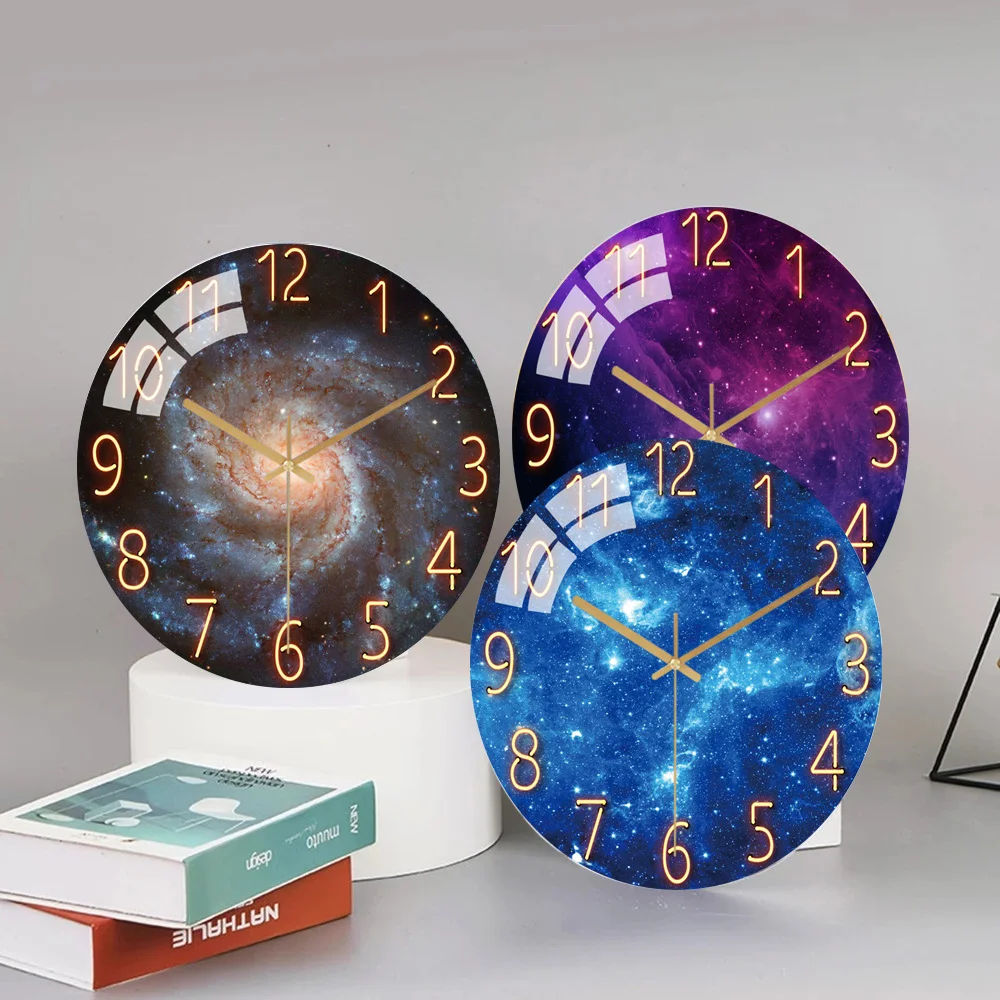 Relojes de pared giratorios con cielo estrellado, diseño silencioso, decoración de pared para el hogar, cafetería, oficina, cocina, paredes, arte grande, 30cm