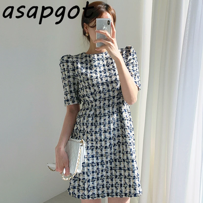 Asapgot Fashion Chic Autumn Lady Light Mature O Neck Waist Slim Puff Short Sleeve A-line Plaid Tweed Dress Women Mini Vestido