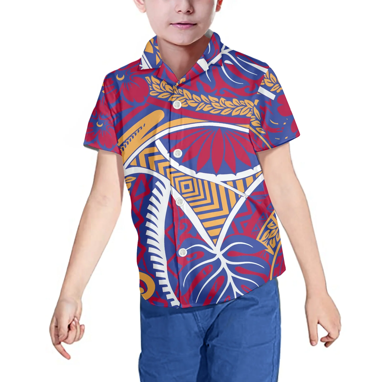 Hycool Hawaii Floral Polynesian Tribal Pattern Summer Short Sleeve Boy Child Shirt Custom Logo Text School Clothes Wholesale