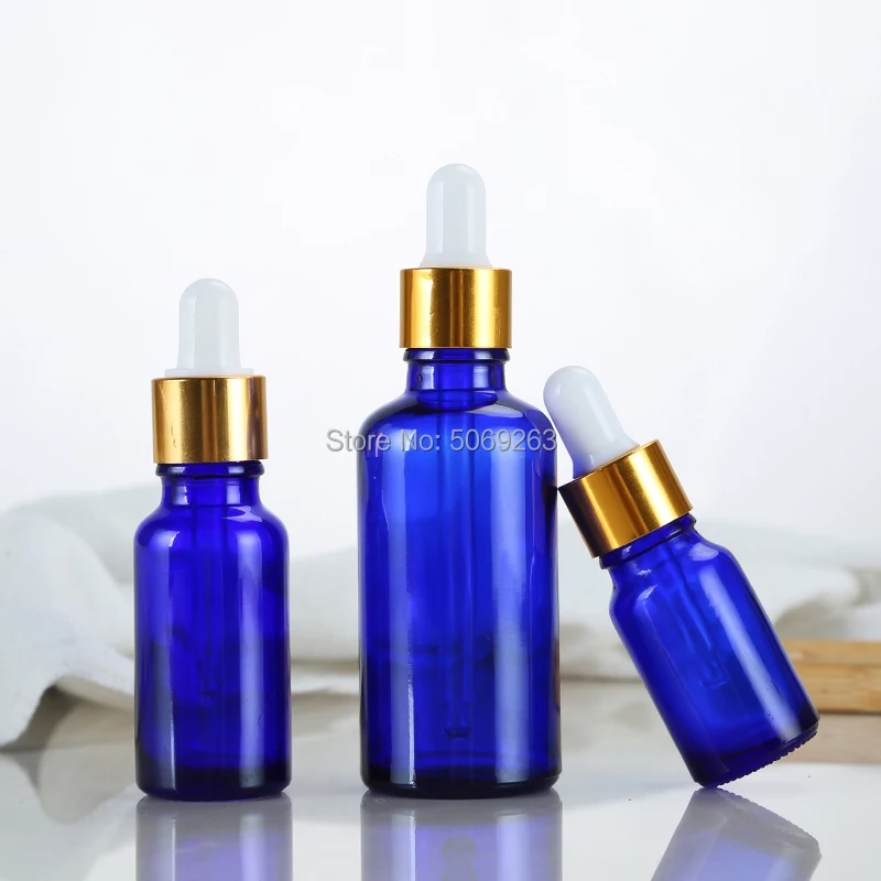 10Pcs/lot Blue Lab Glass Refined Oil Bottle with Glass Groppers Golden/Silver Circle for School Experiment