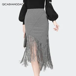 Womens Spring New Flowy Tassel Skirt Mid-Length Irregular Grey Houndstooth High Waist Pencil Skirts Elegant Office Lady Bottoms