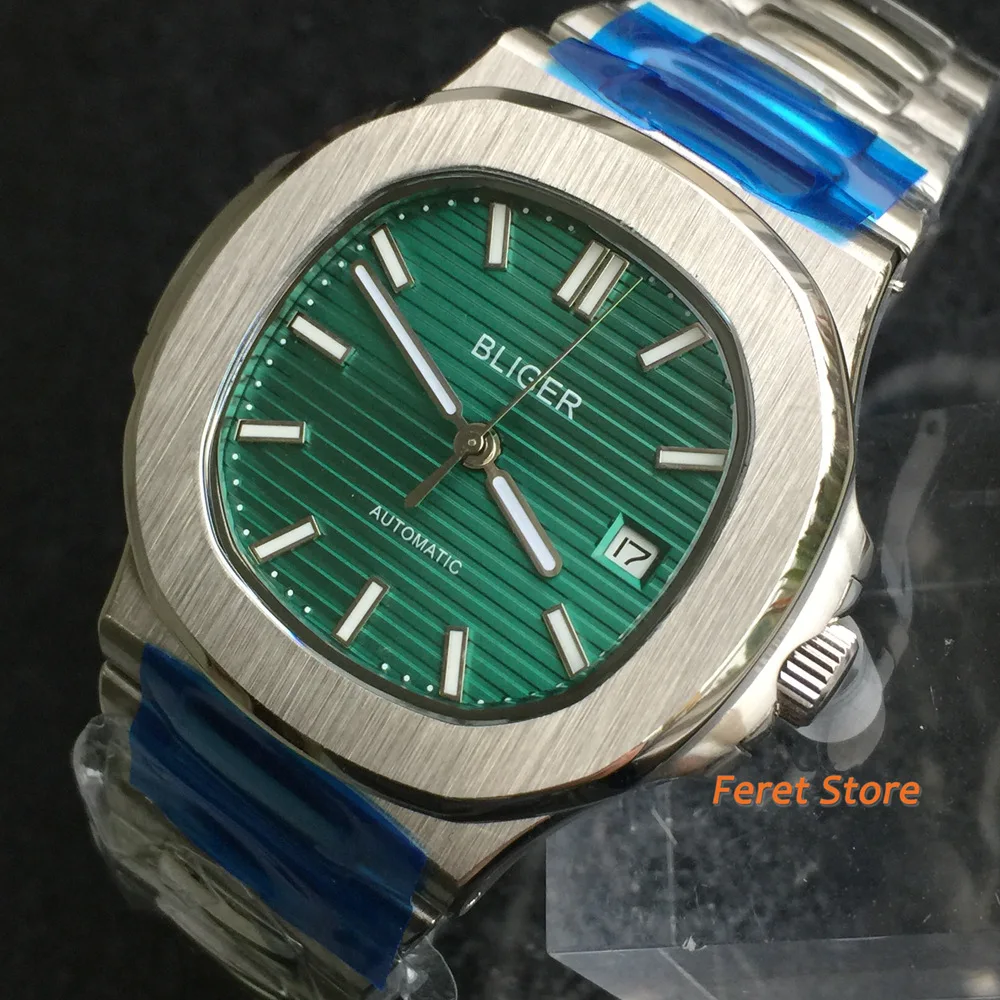 

Bliger 40mm Automatic Mechanical Watch Men Luxury Brand Square Watch Case Date Sapphire Glass Green Dial Luminous Wristwatch