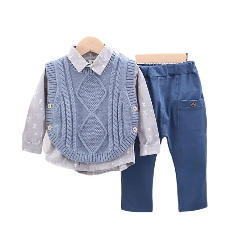 Autum Children Clothing Sets Gentleman Outfits Baby Boys Sweater Vest + Shirt + Pants 3Pcs Suit Winter Kids Clothes 0-4 Years