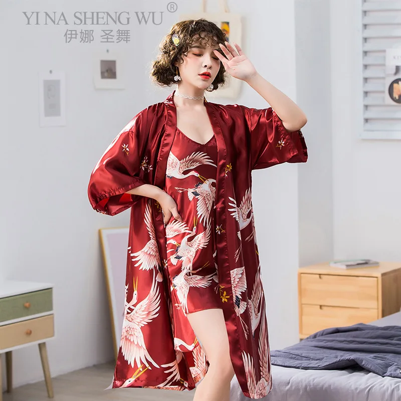 

Women Robe Crane Print New Kimono Bathrobe Wedding Three-quarter Sleeve Kimono Yukata Cranes Lady's Sexy Sleepwear Nightgown Set