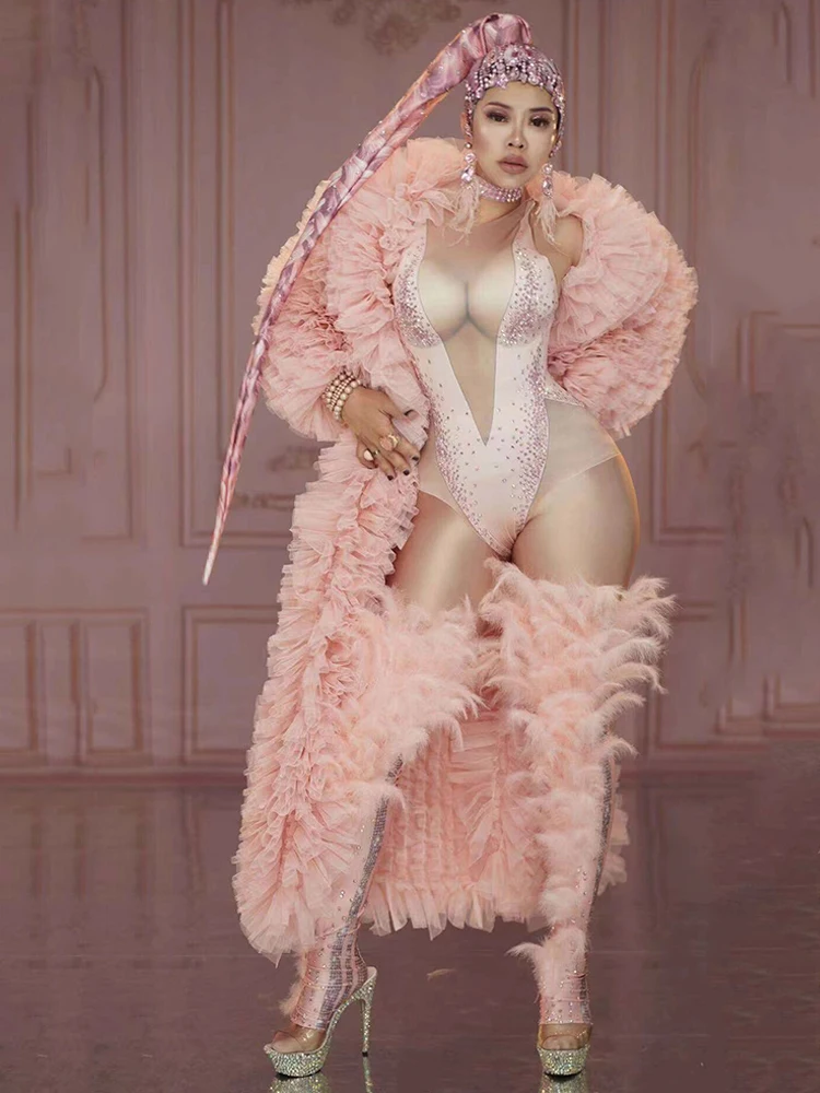 Pink Feather Women Singer Costume Rhinestone Bodysuit Fluffy Coat Birthday Party Club Rave Nightclub Drag Queen Stage Outfit