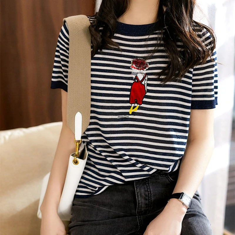 Ladies 2023 Short sleeve White Striped knit T-Shirts Embroidery Shiny Knitted fashion Tops Women O-Neck Sequins Casual pullovers