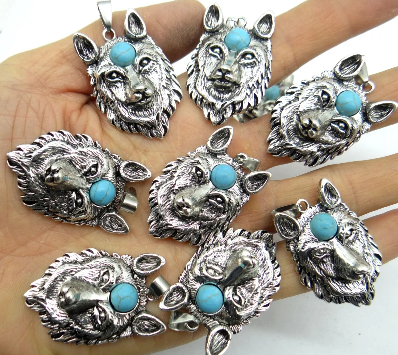 Natural Stone Turquoises Quartz crystal Antiek Zilver Zinklegering  Wolf head Pendant for diy making necklace Accessories5pcs