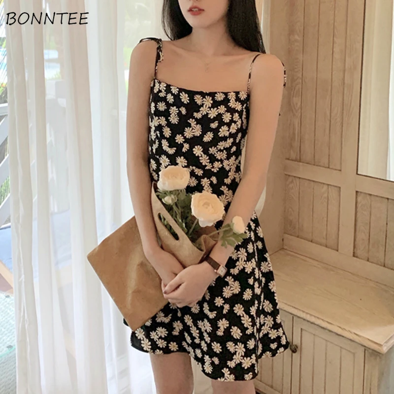 Sleeveless Dress Women Chic Korean Floral Summer Hot Mini Elegant Vacation Female Dresses soft Spaghetti Strap Sweet Party Wear