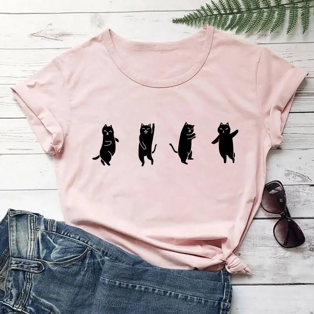 Dancing Cats 100%Cotton Print Women Tshirt Unisex Funny Summer Casual O-Neck Short Sleeve Top Pet Lover Gift Girls Weekend Tee