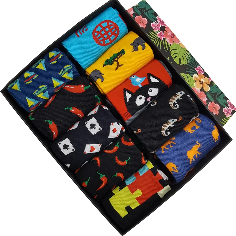 10 Pairs/Pack Men's Fun Dress Socks Colorful Funny Novelty Casual Cotton Fashion Style Design Skateboard Sock Unisex