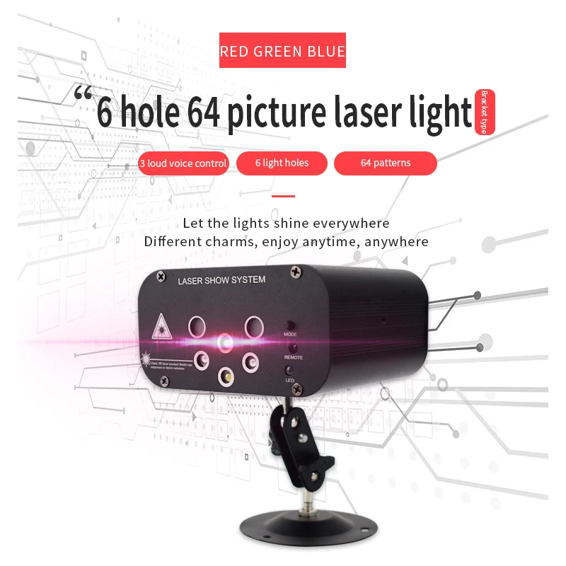 OURFENG LED Stage Lights 6 Holes 64 Patterns Laser Stage Lamp Disco Bar Flash KTV Mini Christmas Projector