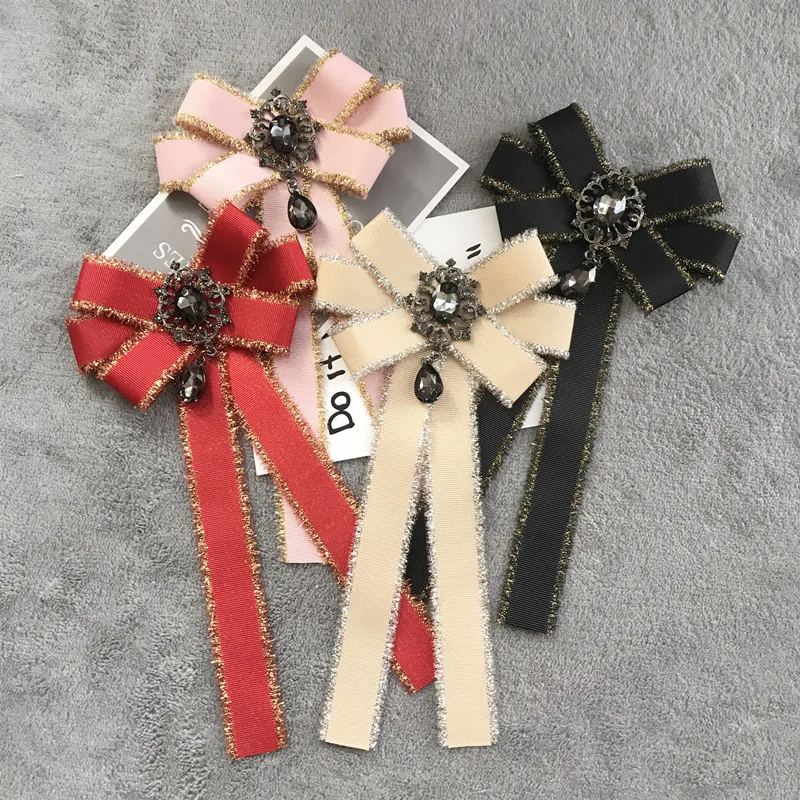 Vintage Women Brooch Big Ribbon Bowknot Shirt Dress Bow Tie Lace Collar Brooch Pins Accessories Fashion Crystal Corsage Jewelry