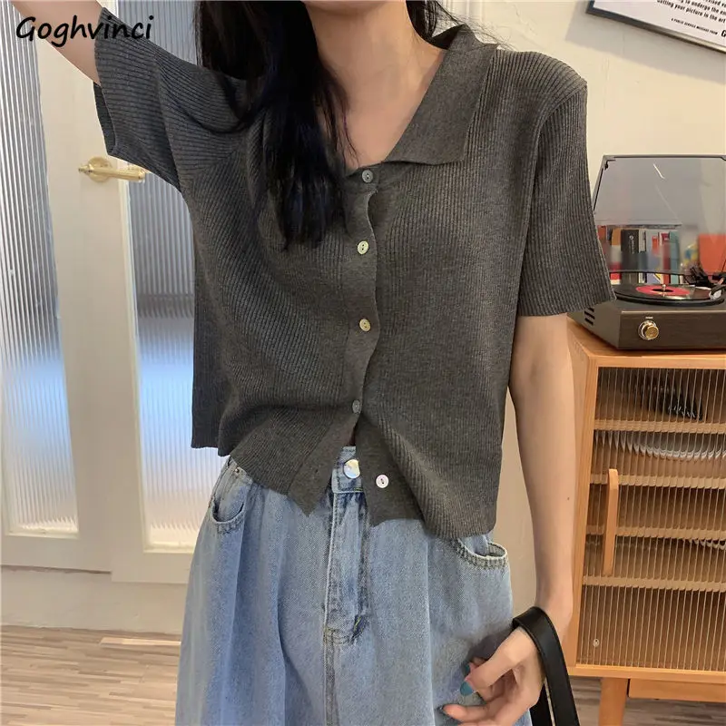T-shirty z krótkim rękawem damskie z kołnierzykiem z klapami prosta w jednolitym kolorze z dzianiny jednorzędowe bluzki damskie styl Preppy wszystkie mecze Vintage Fashion