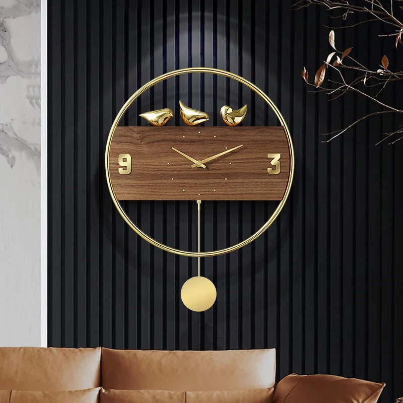 

Nordic Vintage Wall Clock with 3D Birds Decor Large Pendulum Clock Creative Living Room Gold Wall Mute Clock