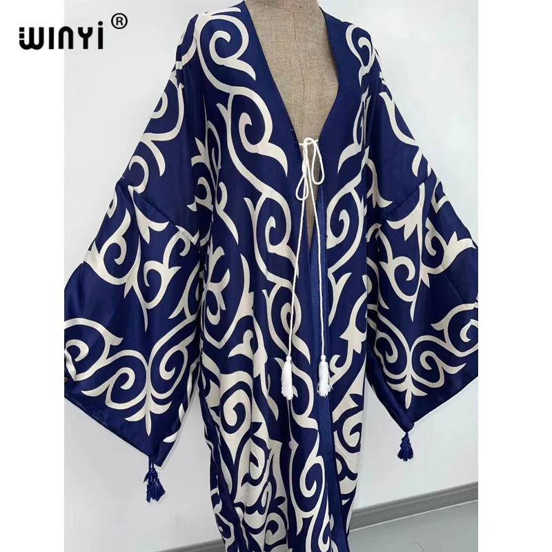 Bikini  cover-up traf Cotton Sweet Lady Pink Boho Print Self Belted Front Open Long Kimono Dress Beach Tunic Women Wrap Dresses