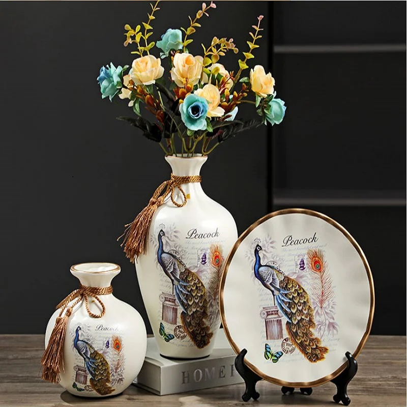 3Pcs）European Ceramic Vase Dried Flowers Flower Arrangement Wobble Plate Living Room Entrance Ornaments Home Decorations