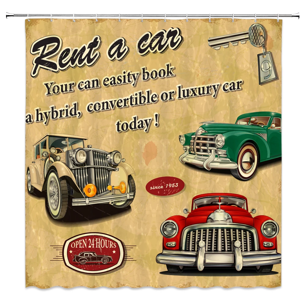 Cartoon Retro Car Shower Curtains Classic Old Cars Scenery Bathroom Decor Home Bath Polyester Cloth Hanging Curtain Set