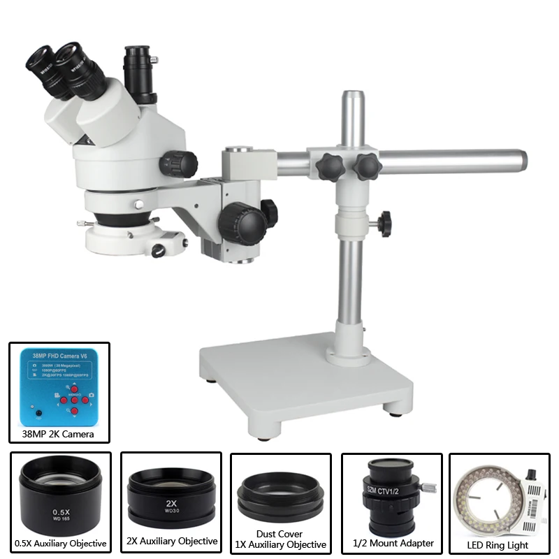 Single-Arm Boom Stand Simul โฟกัสกล้องจุลทรรศน์สเตอริโอ Trinocular 38MP USB กล้องวิดีโออุตสาหกรรมอิเล็กทรอนิกส์ดิจิตอลกล้องจุลทรรศน์กล้องจุลทรรศน์