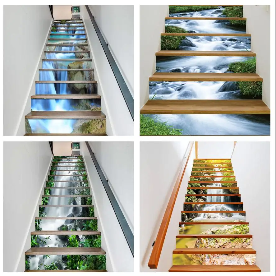 3D Stairs Stickers Flowing Water Waterfall Scenery Steps Decorative Decals Self-Stick Riser Stair Stickers House Staircase Decor