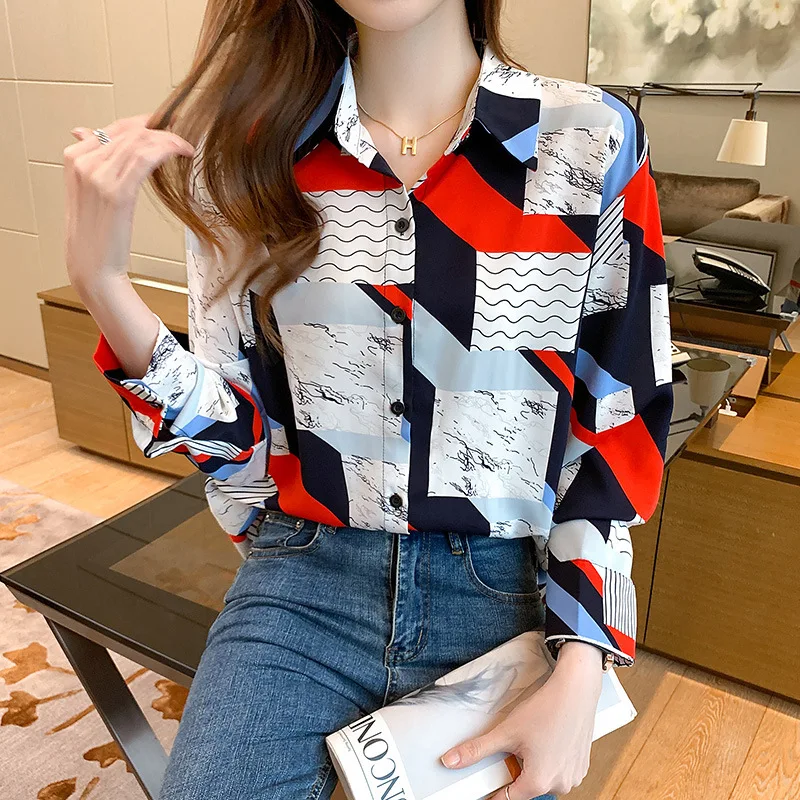 2021 New Fashion Loose And Versatile Design Sense Of Minority Color Contrast Geometric Printing Chiffon Shirt Women's Blouse