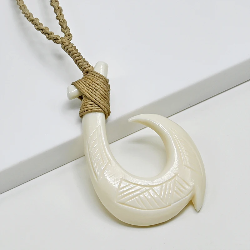 NGX121 Handmade Man Jewelry New Zealand Maori Tribes Pendant Yak Bone Fish Hook Womens Hemp Rope Weaving Necklace for Surfing