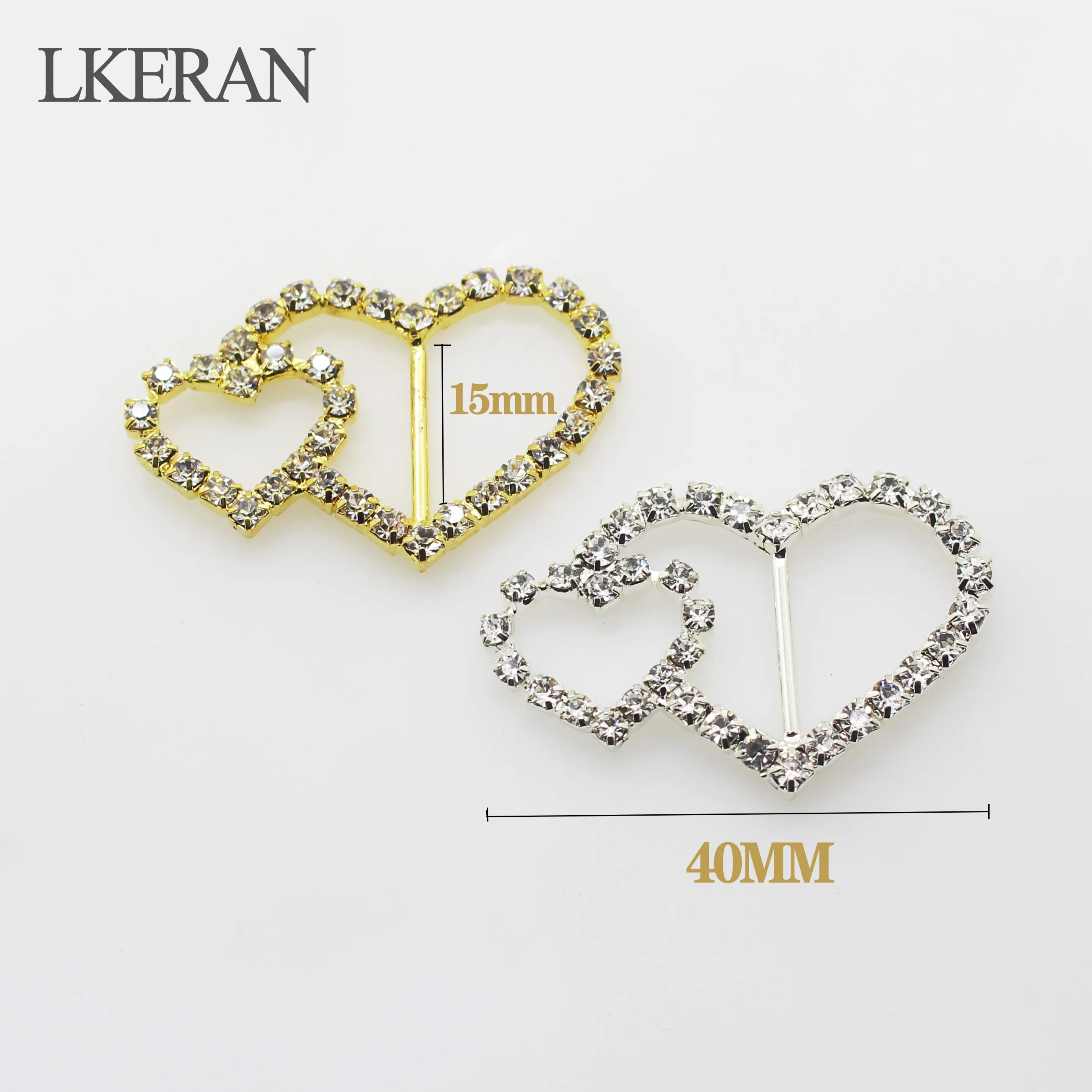 LKERAN Heart Slider buckle Metal Rhinestone buckles 10pcsPcs / Lot Wedding Invitation Ribbon decoration buckle Plated Silver