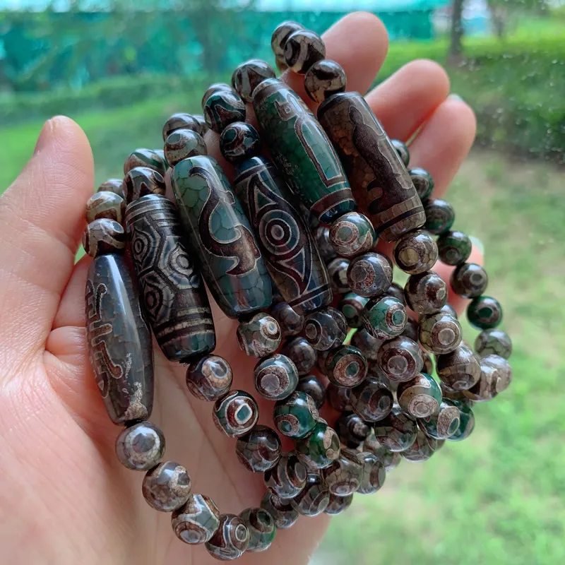 Healing Stone Natural Tibetan Dzi Agates Bracelet for Women Men Grey Green Agat Charm Ruyi Dragon Three Eye Dzi Beads Bracelet