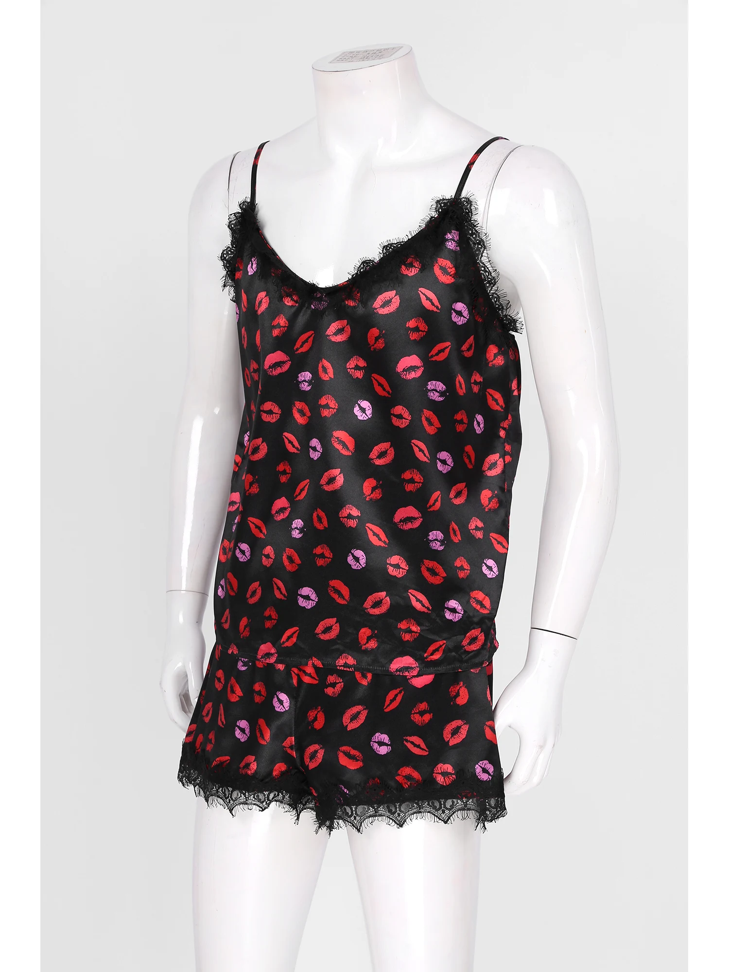 Men Lips Printing Two pieces Pajama Set Lace Trim Sleepwear Sissy Adjustable Spaghetti Strap Vest with Shorts Nightwear