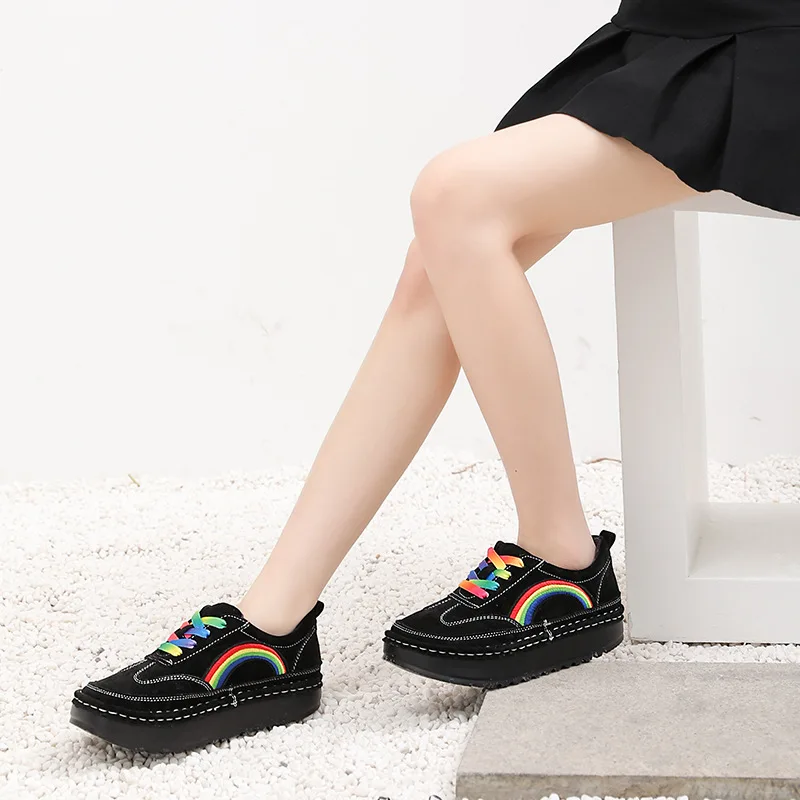 Careaymade-Retro Mori women's Japanese department's college wind soft girl art student lovely hand sewn rainbow muffin shoes