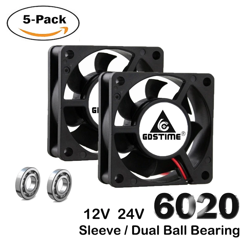 5Pcs Gdstime DC 12V 24V 60mmx20mm 60mm Ball Bearing Brushless Printer Radiator Cooler 60x60x20mm 6cm Heatsink Cooling Fan