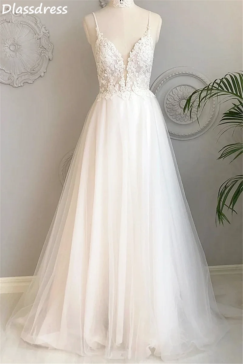 Simples Vestido de Noite Applique 2021 Marfim Spaghetti Strap Decote Em V Uma Linha Chique e Elegante Para O Casamento De Praia Sem Encosto فساتين السهرة