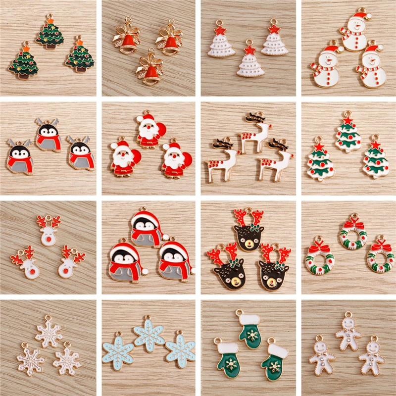 10pcs Cute Enamel Christmas Charms for Jewelry Making Santa Claus Tree Deer Bell Glove Snowflake Pendants for Necklaces Earrings