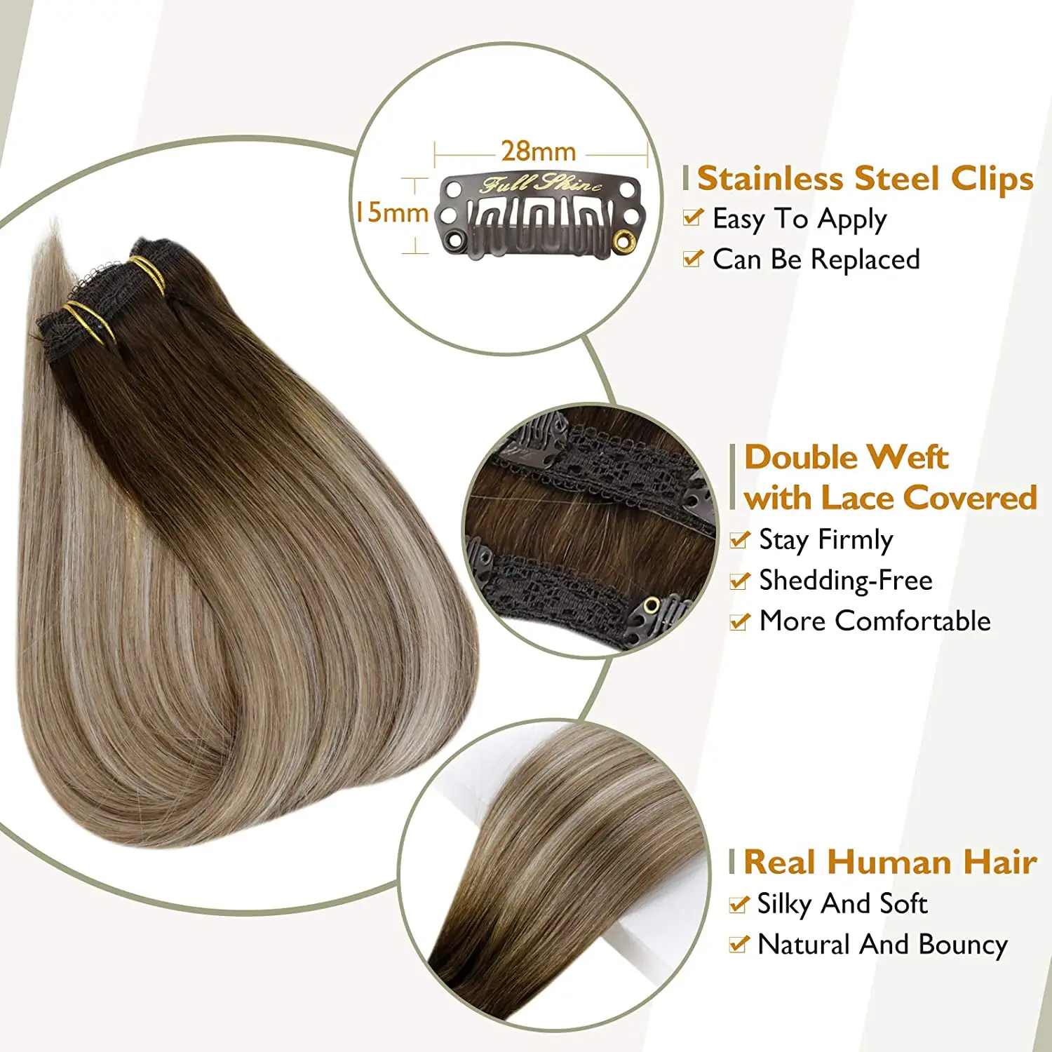 Extensiones de Cabello con Clip para mujer, 100% cabello humano Real Remy, horquilla, trama de piel, brillo completo, 50 gramos, 3 uds.