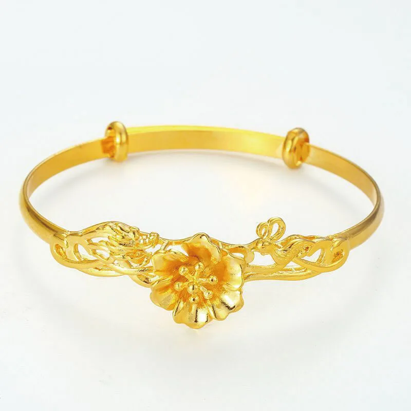 MxGxFam Push and pull Flower Bangles Bracelets for Women Adjusted Bridal Wedding Jewelry 24 k Pure Gold Plated Classical  Style