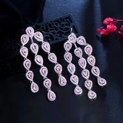 CWWZircons Luxury Designer Dangly Tassel Drop Pink Cubic Zirconia Crystal Long Earrings for Women Wedding Party Jewelry CZ963