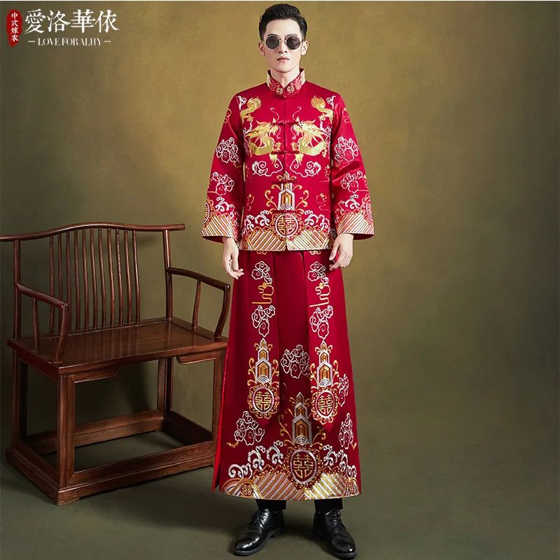 

Chinese Style Men Costume Vintage Long Robe Gown Dragon Embroidery Wedding Bridegroom Oriental Qipao Toast Clothing