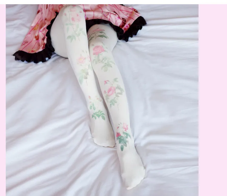 Japanese Mori girls small fresh lolita socks literary fan rose print pantyhose students sweet socks  sweet lolita stockings cute