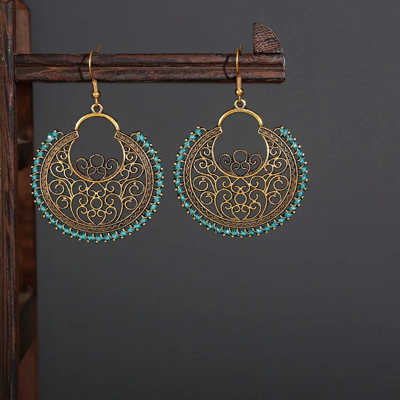 2021 Retro Women's Round Gold Color Earrings Turkish Jewelry Bijoux Vintage Handmade Green Silk Turkey Boho Earrings